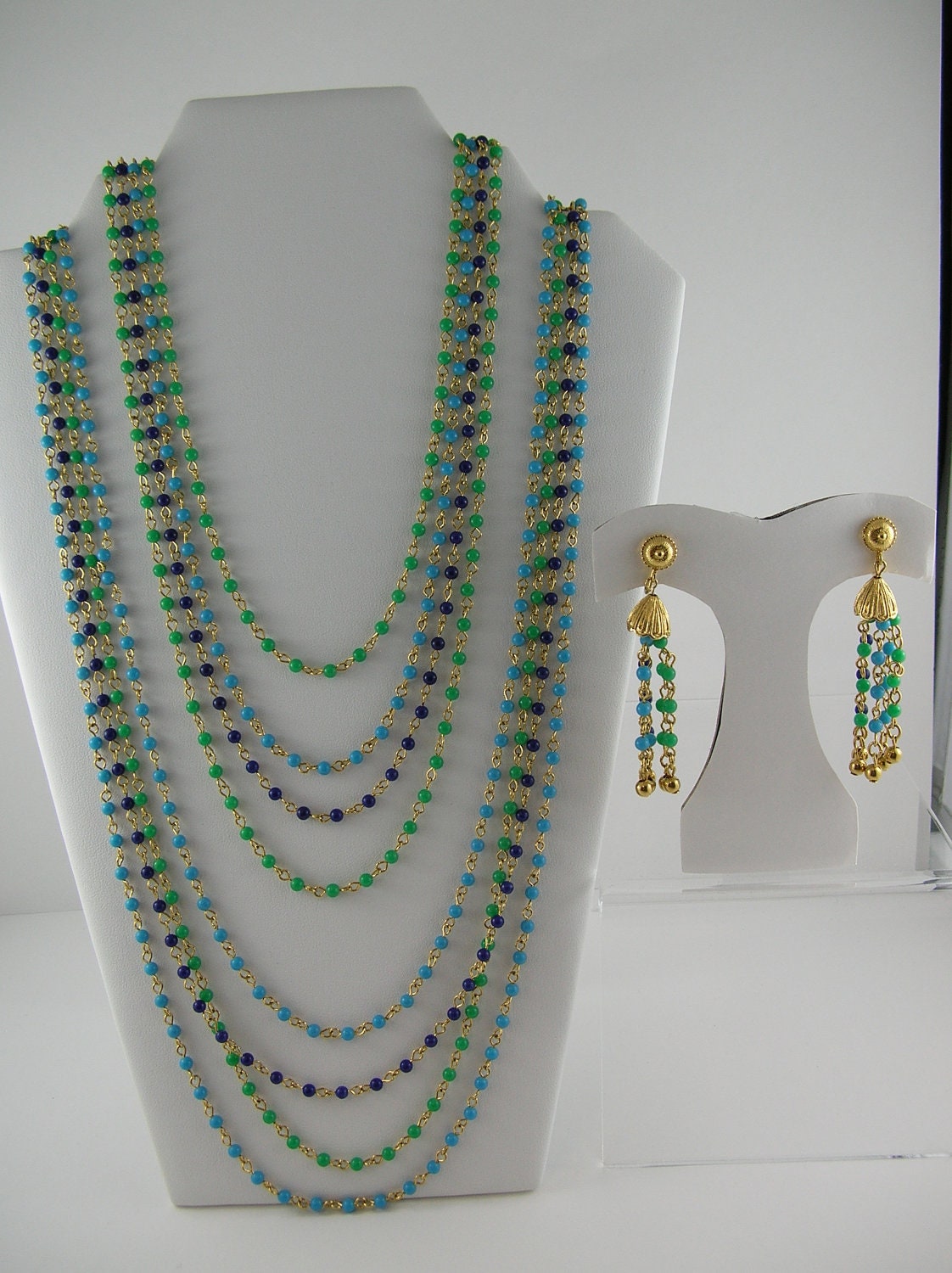 Vintage Bead Necklace Mulit Strand Aqua Blue Navy Green Gold Bib Pin Up 1960s 60s Dolly Mod Retro Disco Chain link Egyptian Revival Boho 70s