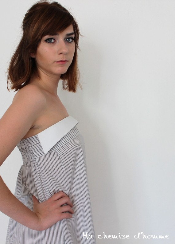 Upcycled man's shirt into bandeau dress - US 6
