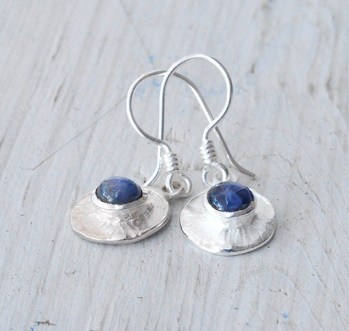 Navy Blue Sapphire Earring, Sterling Silver Dainty Jewelry, Minimalist Modern Bridal, Small Round Dangle Ocean Blue Earring, Santorini