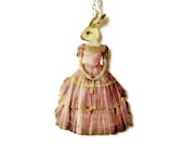 Anthropomorphic White Rabbit Necklace Pink Dress Bunny Whimsical Victorian Illustration Circus Oddities Weird Easter