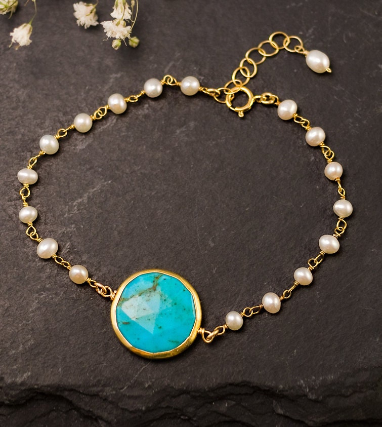 White Pearl Bracelet - Charm Bracelet - Turquoise Bracelet - Gold bracelet - Wire wrapped - Something blue - bridesmaid bracelet