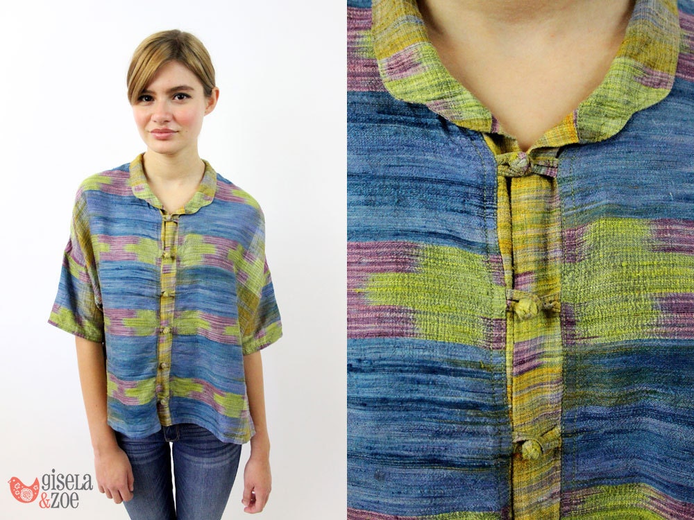 Vintage 1980s Space Dyed Boxy Silk Top / Silk Blouse / Space-Dyed Top (xs-md)