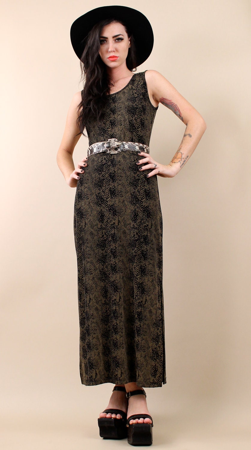 1990s vintage Snake Print / PYTHON Maxi Dress / Long Sleeveless Gown / Slinky Boho Grunge / Size Small