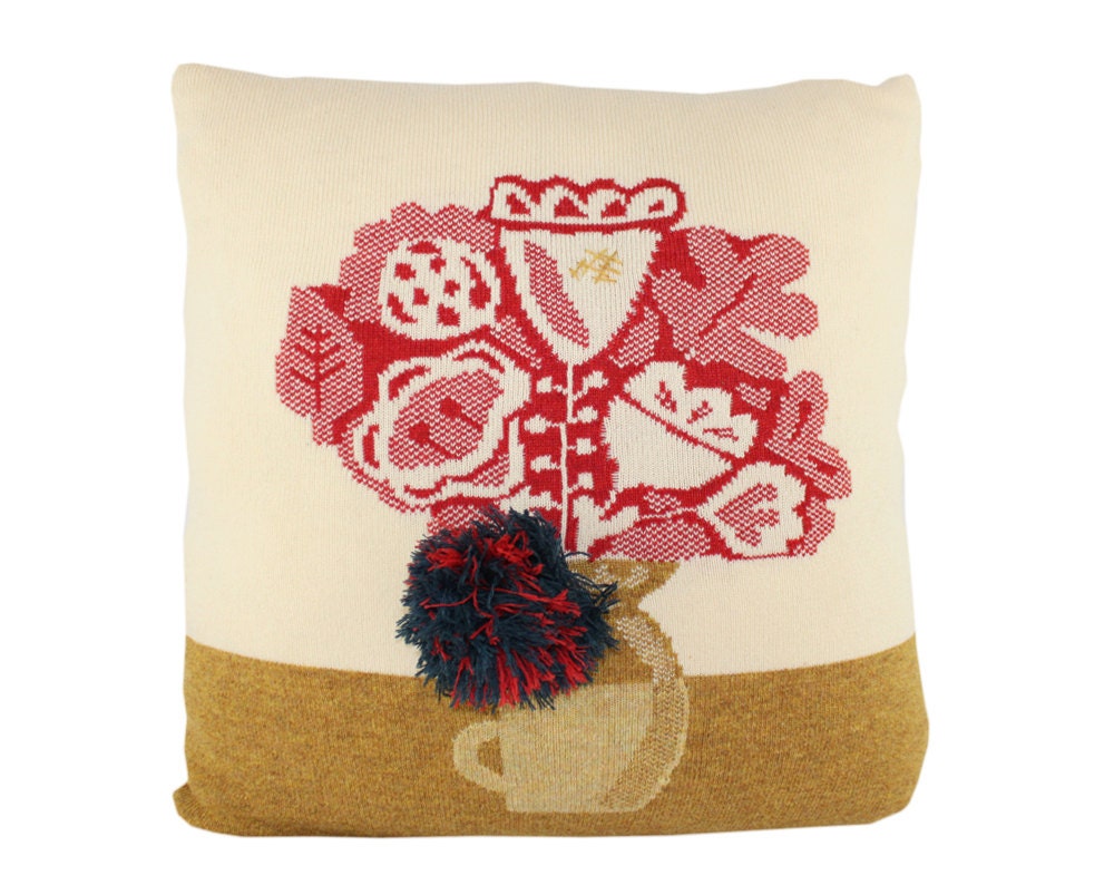 Mother. Large soft knitted pillow - cream, red, mustard 24x24, includes insert