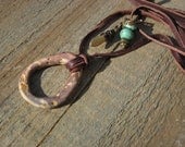 Leather and Organic Loop necklace- Turquoise and brass beads and stonewear loop pendant