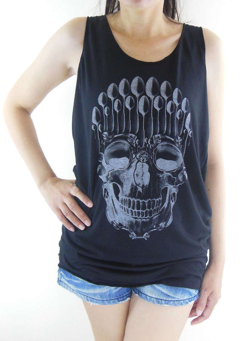 Skull Spoon Shirt -- Zombie Shirt Bone Goth Gothic Skull Shirt Black Shirt Women Tank Top Women T-Shirt Vest Tunic Sleeveless Singlet Size M