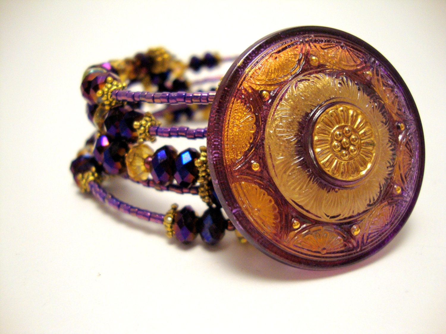 Purple Crystal Memory Wire Bracelet, Purple and Gold Beaded Wrap Bracelet, Hand Painted Antique Button Jewelry