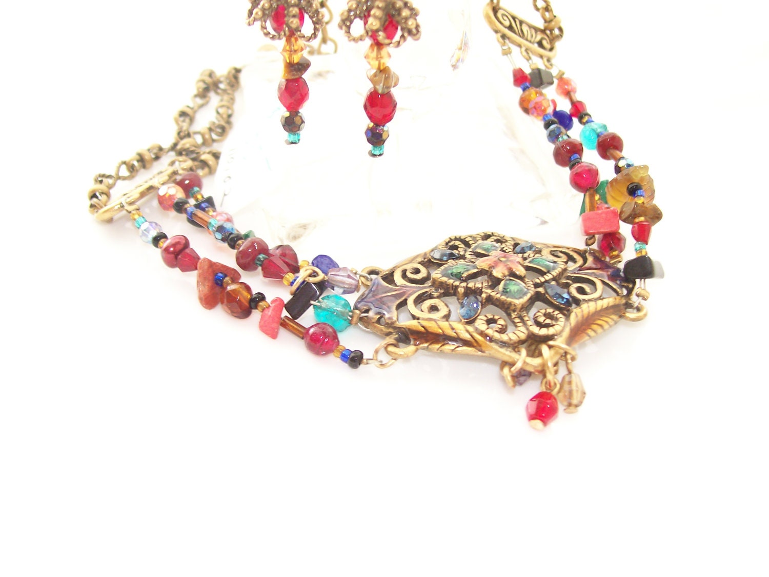 Jewelry Set, Artisan Jewelry, Colorful Beaded Choker Style Necklace and Earrings,Gold tone, Statement Necklace and Earrings