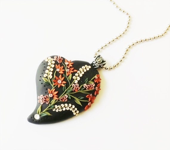 Heart Necklace, Heart Pendant, Garden Necklace, Garden Pendant, Black, Boho, Folk, Wearable Art, Gifts For Mom, Spring