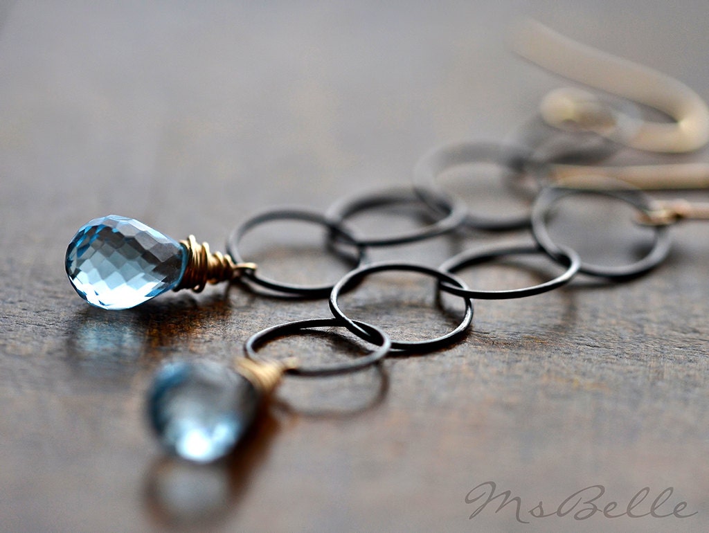 Long Dangle Blue Topaz December Birthstone Mixed Metal Circle Earrings - 14k Gold Fill & Oxidized Sterling Silver