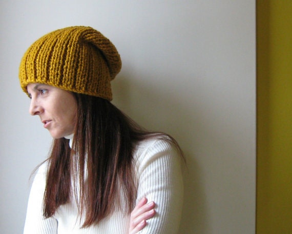 Puffy Hat Yellow Hand Knitted