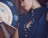 BLACK STEAMPUNK BLOUSE - burlesque shirt  - High fashion - Cabaret couture - Gothic babydoll top - Elegant Modern - Size Small: Rt-K-2