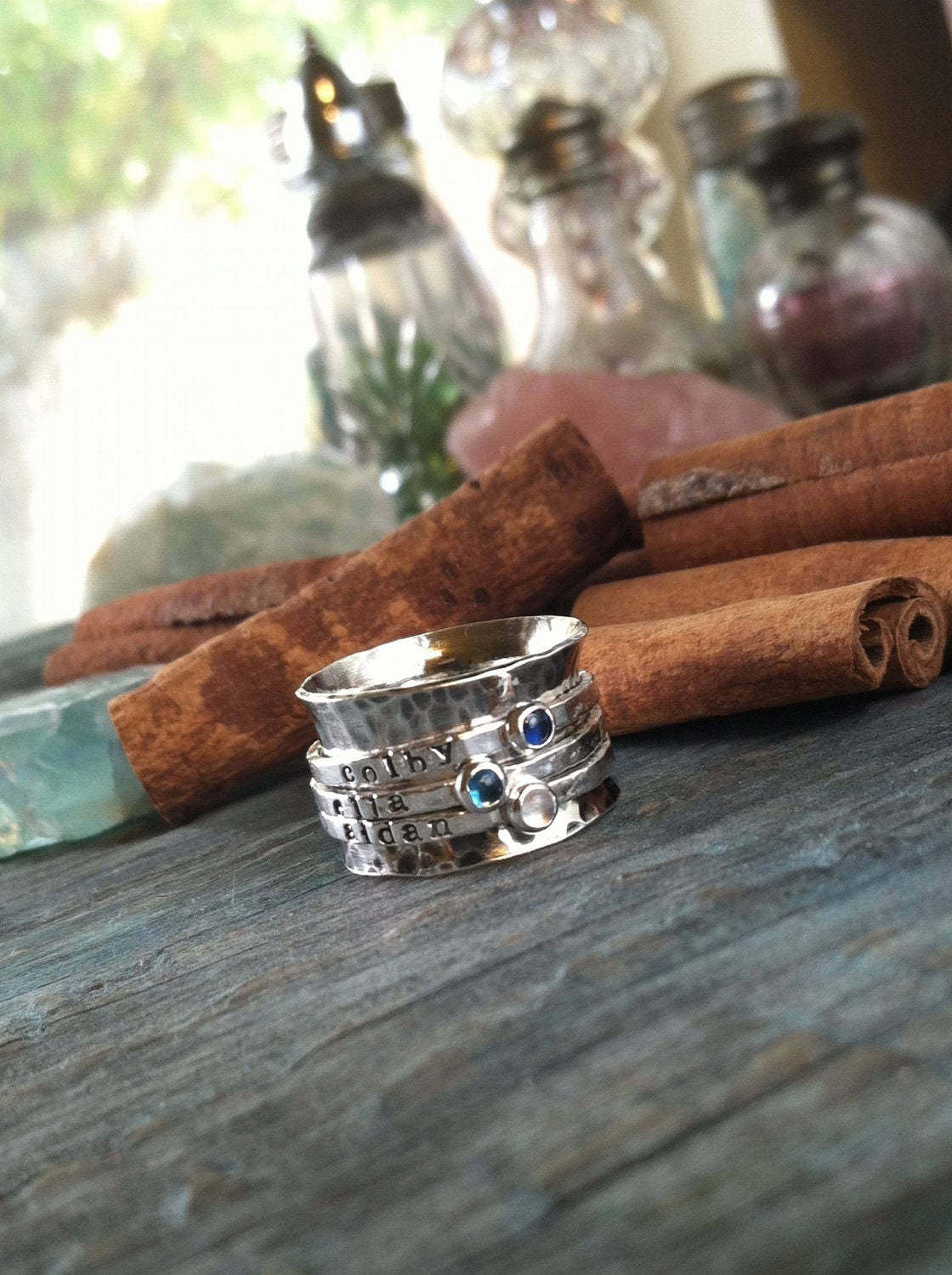 hand stamped Birthstone sterling silver spinner ring mothers ring