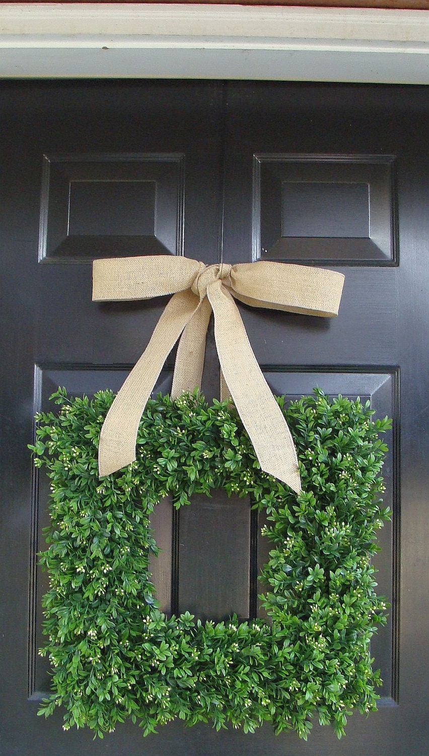 Square Boxwood Wreath- Artificial Boxwood Wreath with Burlap Ribbon- Spring Wreath for Door Choice of Ribbon -Year Round Wreath- 20 INCH