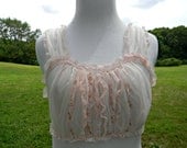 Ruffle Ruched Front Embroidered Sheer Nylon Chiffon Nightgown Light Peach Pink Lace Size S M