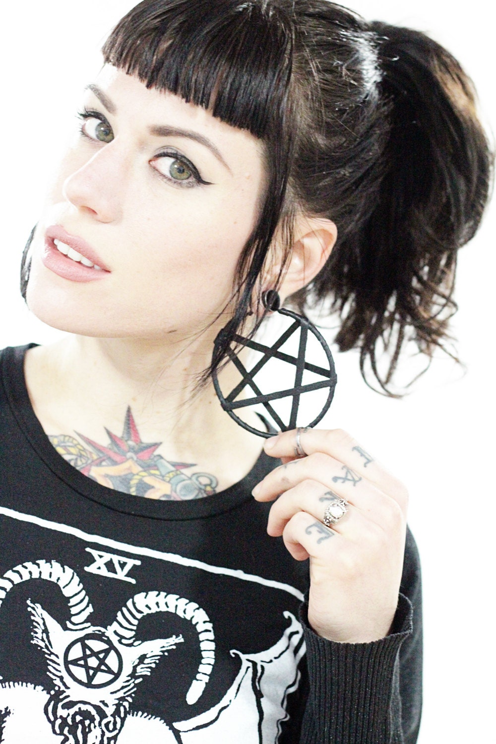 Small Leather Pentagram Hoop Earrings