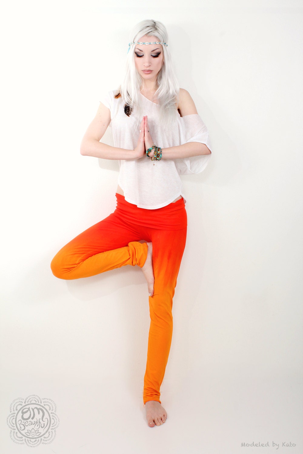 Hand Dip Dyed Ombre Orange Red Yoga Leggings Pants