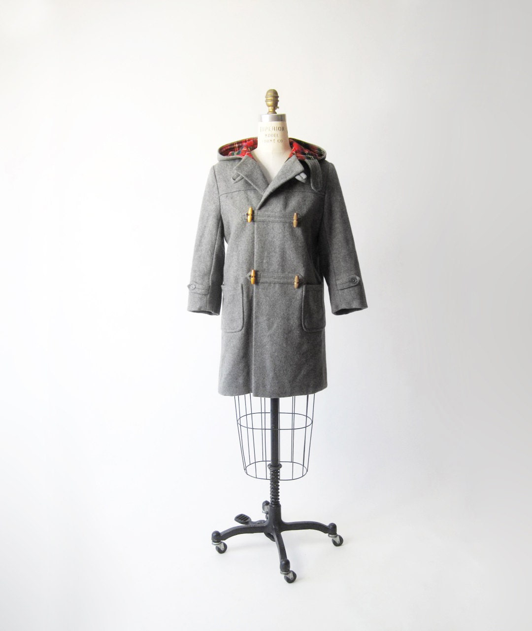 Vintage Gray & Red Plaid Hooded Toggle Coat xs/s - twigandspokevintage