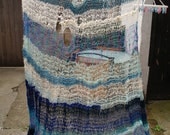 Ocean Soul Afghan Blanket. Freeform Crochet, OOAK. Blue, White, Grey, Green