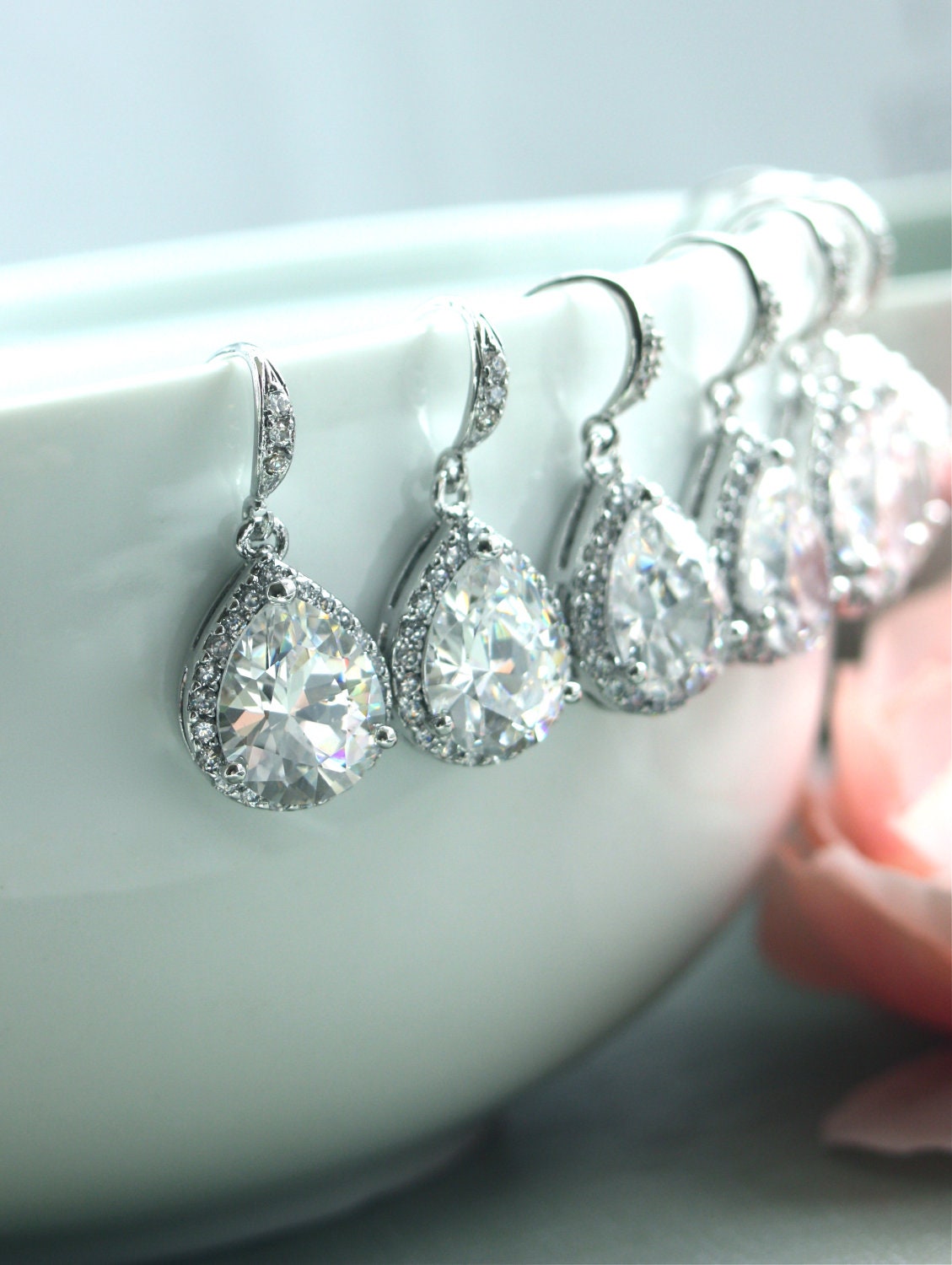 15% OFF - Set of Six, 6 pairs of Pear, Teardrop Large Lux Cubic Zirconia White Crystal Wedding Earrings.Bridesmaids Gifts. Bridal Jewelry
