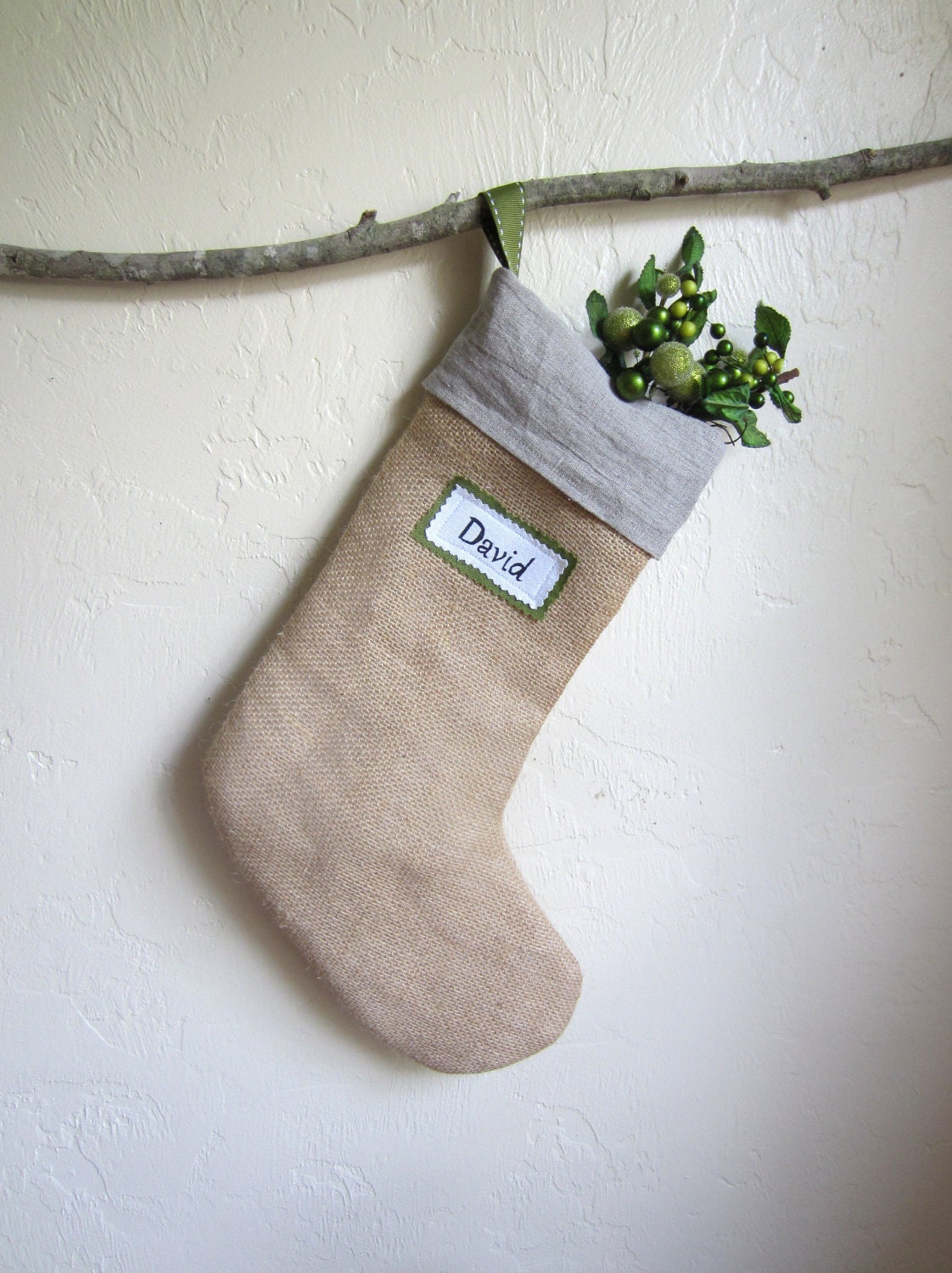 Custom linen and burlap Christmas stocking