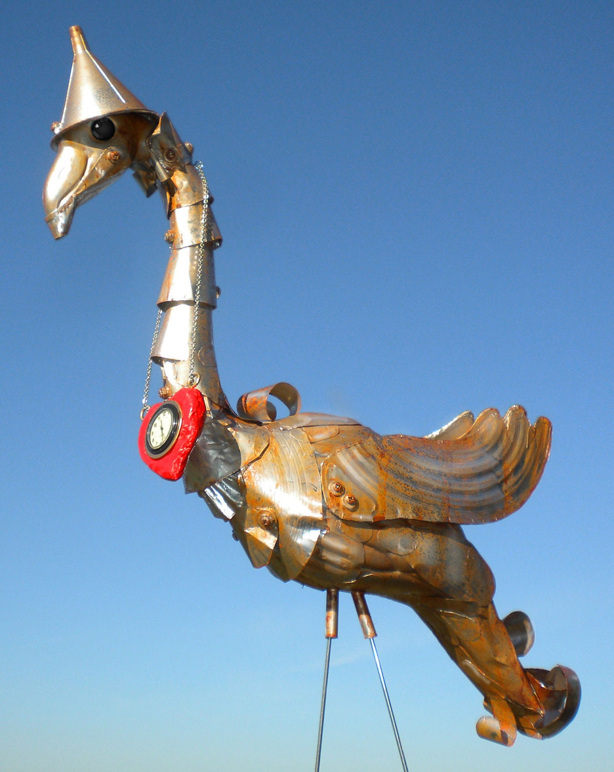 Tin Man Oz Flamingo Recycled garden art handmade recycled yard art, lawn sculpture, up-cycled plastic flamingo