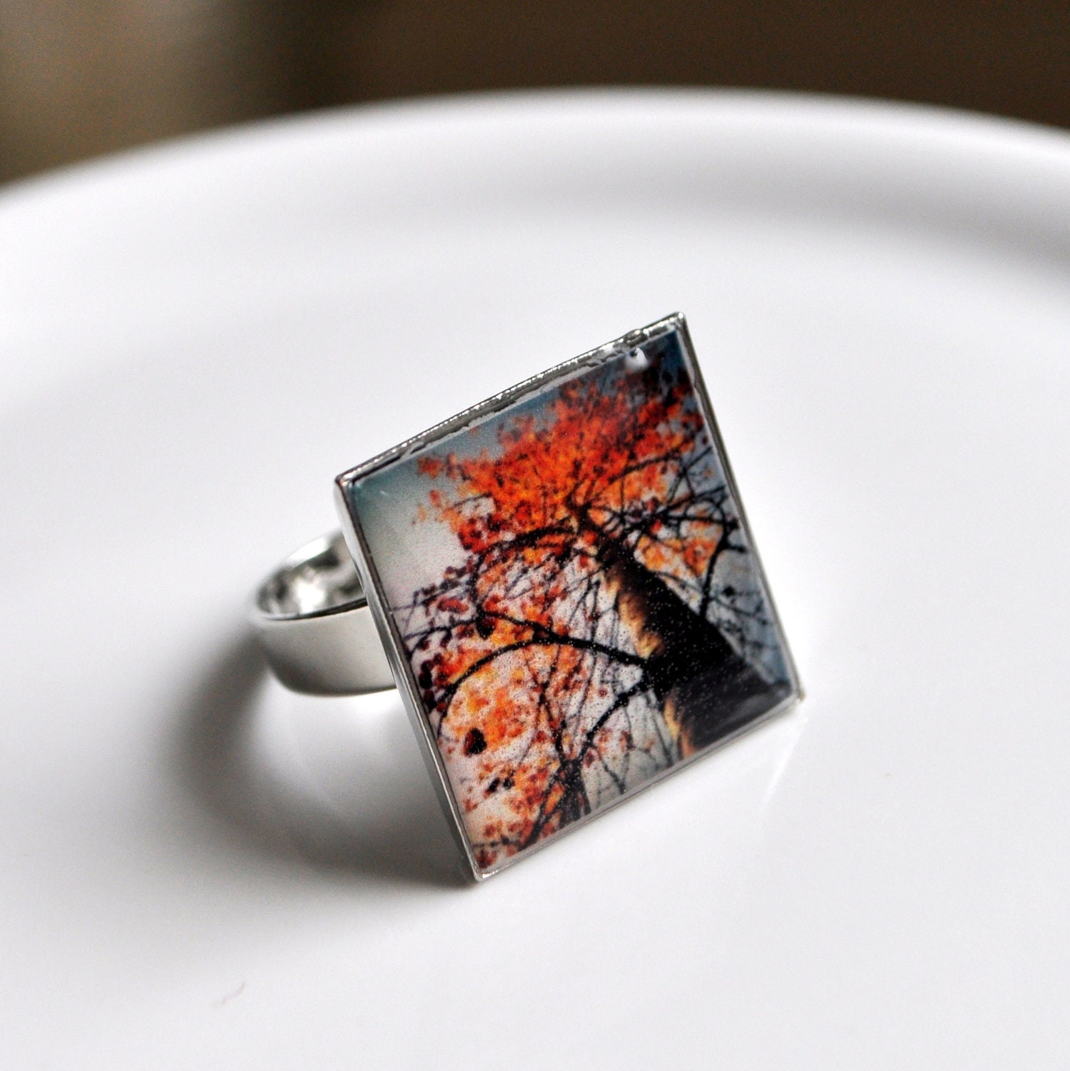 Autumn Tree Square Resin Ring