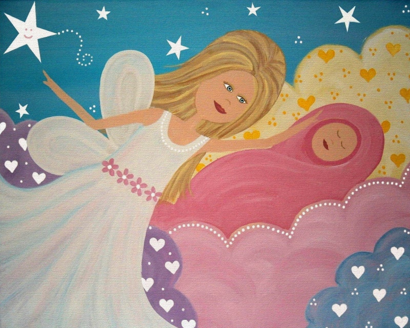 Childrens Decor Kids Wall Art - Mother Angel & Baby Heaven - Girls Room Kids Art Prints by TwoLittleWitches