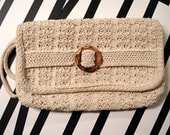 Vintage Knit Crochet Clutch with Wooden Buckle- Off White- Natural Color