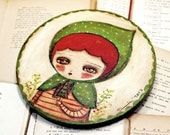 Little Green Riding Hood - Original Mixed Media Folk Art Whimsical Painting By Danita Art - 8 Inches On Round Canvas - DanitaArt