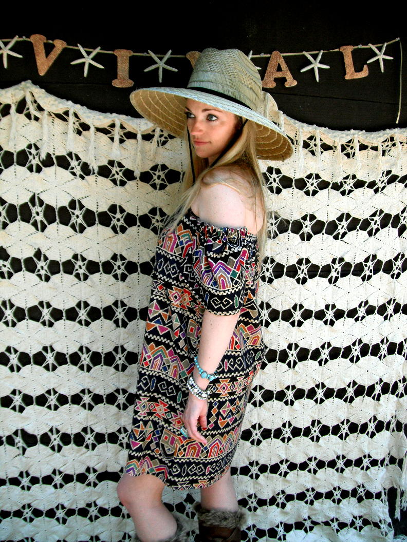SALE--REVIVAL OOAK Upcycled Boho Top/Shirt/Dress, Off the Shoulder, Aztec, Small to Medium, Recycled, Repurposed, Eco Friendly Clothing
