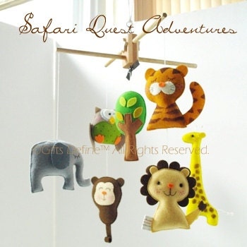 Musical Baby Mobile SAFARI QUEST ADVENTURES (Artist Choice Color) - Wool Felt Heirloom Mobile for the Crib, Nursery, Kids Playroom Decor