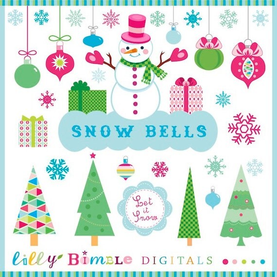Christmas Clipart Snowman, SNOW BELLS ornaments, presents, trees Commercial Use Included Il_570xn