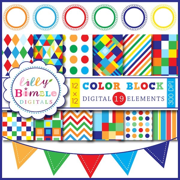 Instant Download Color Block Digital Scrapbook Papers, labels and bunting Il_570xn