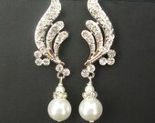 Art Deco Style Rhinestone Bridal Earrings, Old Hollywood Glamour, Crystal and Swarovski Pearl Wedding Earrings, Pearl Drop Earrings, NADIA