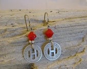 Hot in Houston - Vintage Hot Springs Arkansas and Houston Texas Transit Tokens Rhinestones Red Coral Recycled Repurposed Earrings