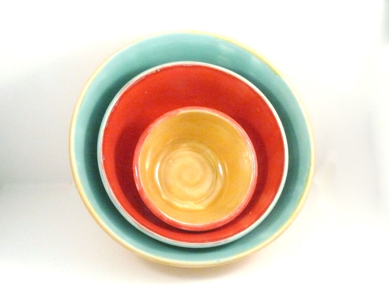 Nesting Bowls Ready2Ship Today - Set of three serving bowls in yellow, blue and red - Great for home chef, wedding