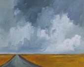 ORIGINAL oil painting clouds road and sky grey and mustard