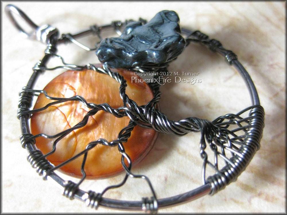Bat Tree - Halloween Full Moon Tree of Life Pendant Copper (Orange) Pearl Coin Bead and Bat Charm in Gun Metal (Black) Wire Wrapping
