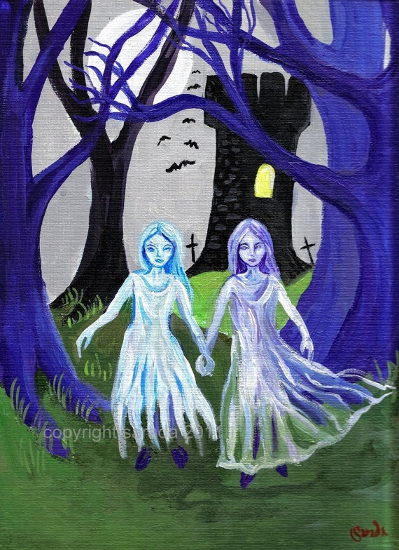 Ghost Sisters Halloween horror art print reproduction 5 x 7 haunted tower