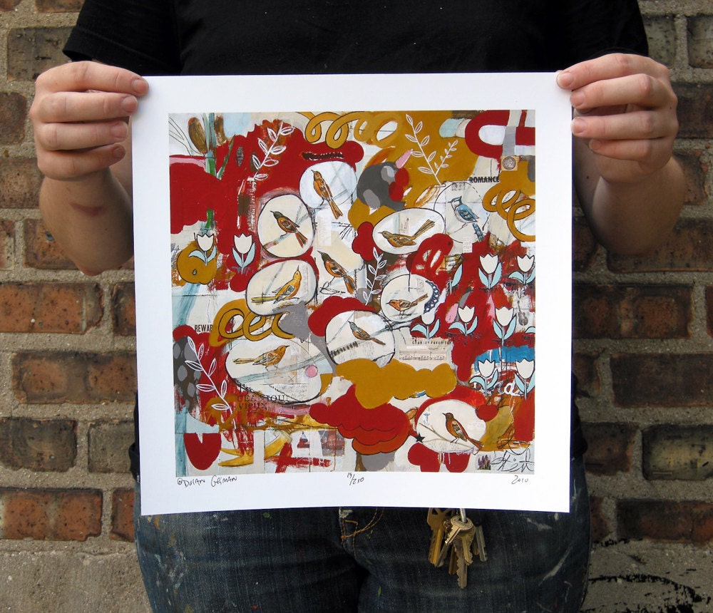 Bird Art Print on Paper, Betsy Ross Rhubarb Pie, 12x12 Print