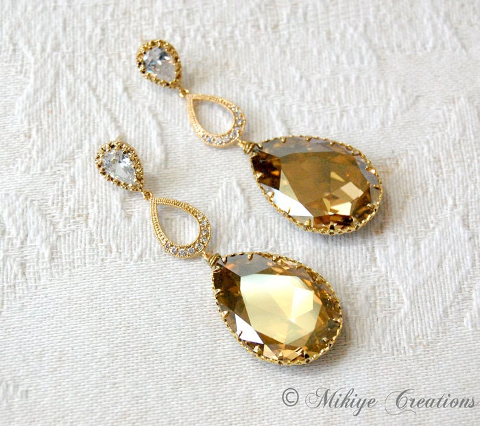 Chandelier Bridal Wedding Swarovski Crystal Cubic Zirconia Large Drop Earrings - Tiffany In Gold