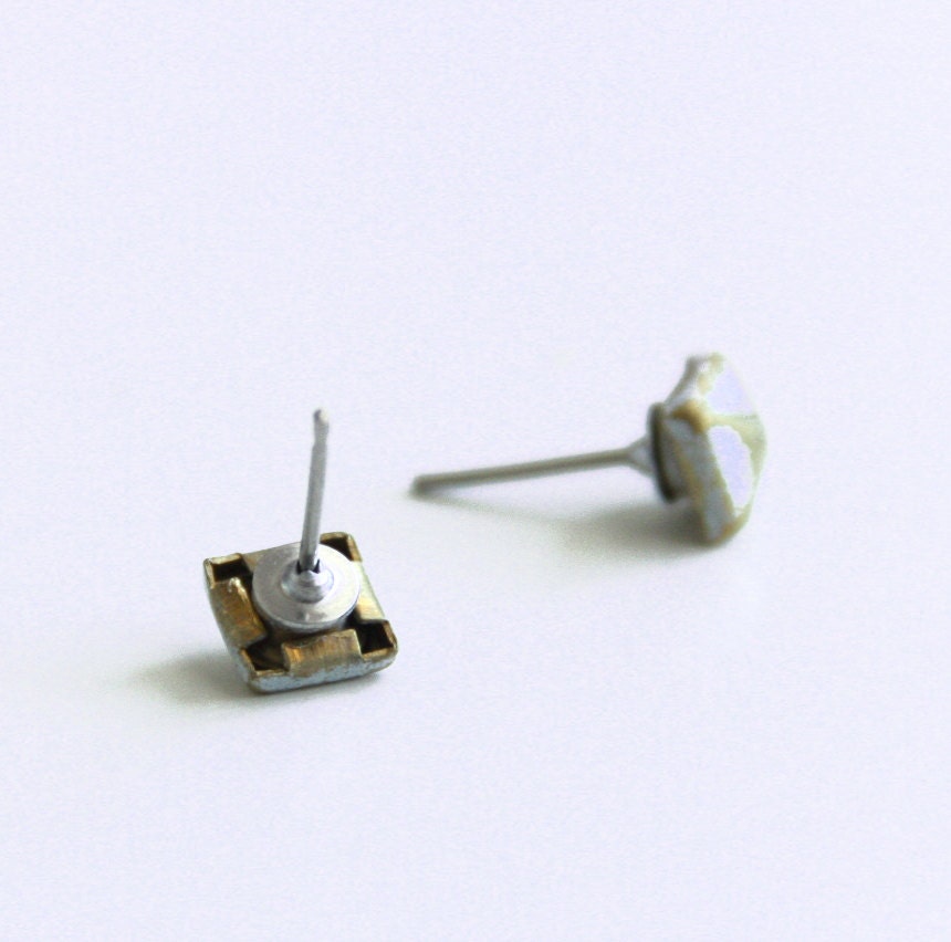 White Patina Verdigris Geometric Pyramid Metal Stud Earrings. Surgical Steel Earrings Post. Gift for Her