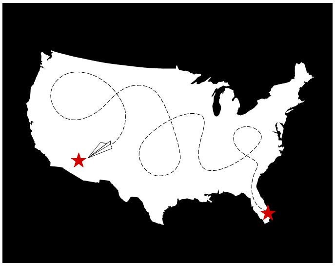 Love Map With Paper Plane - Custom United States Art Print With Color Choice, 12X18 - Black and White with Red Heart