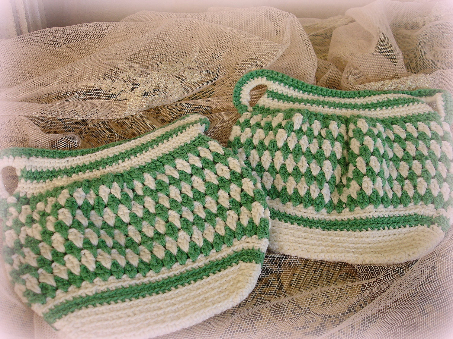 vintage crocheted pot holders . sugar and creamer crochet pot holders . pot holder set crocheted by hand