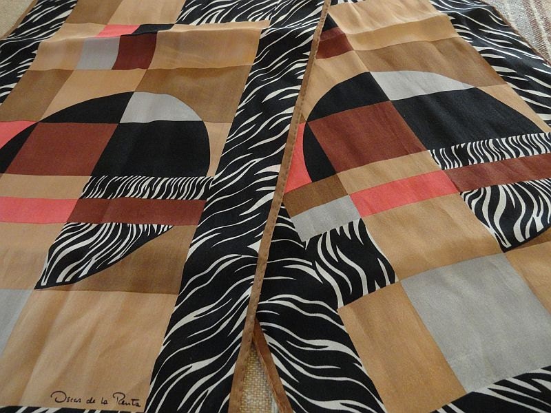 Vintage 80s Oscar De La Renta Zebra Modernist Color Block Silk Scarf