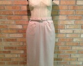 Vintage Pencil Skirt:  Small, Cream Wool, Pink Pin Stripes, Embroidery, Evan Picone New York