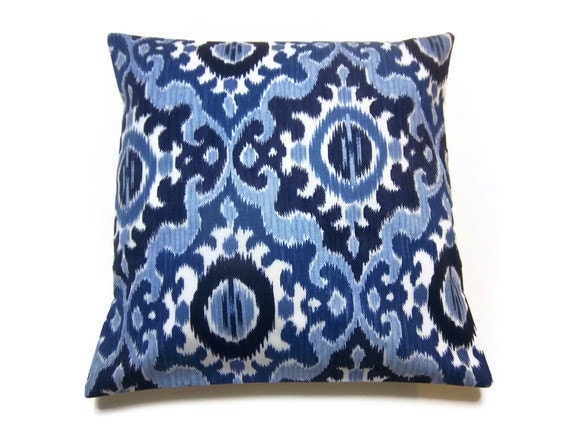 Two Navy Blue Light Blue White Ikat Design Pillow Covers Decorative Toss Throw Accent Covers 18 inch pair