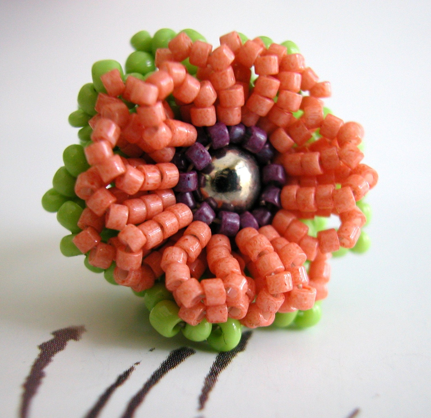 Beadwork Flower Ring Adjustable  Pink, Purple and Green