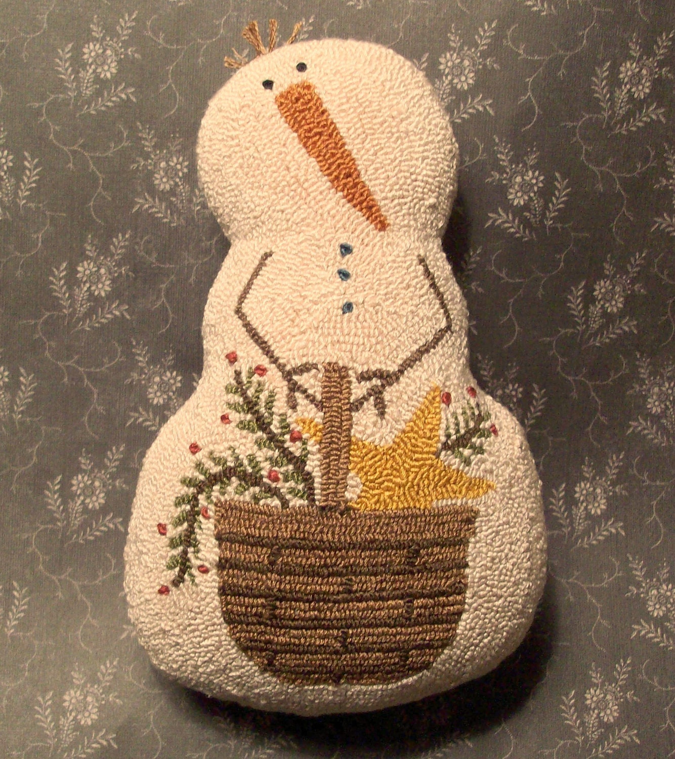 Primitive Needle Punch PATTERN Snowman And Basket Of Greenery And Star
